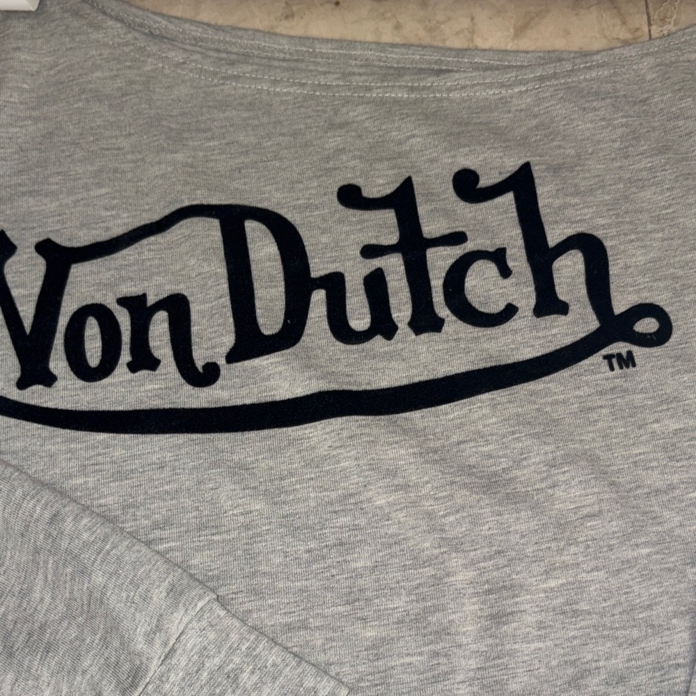 Von Dutch Heather Gray off the shoulder Sweatshirt with Black Logo - Picture 2 of 7